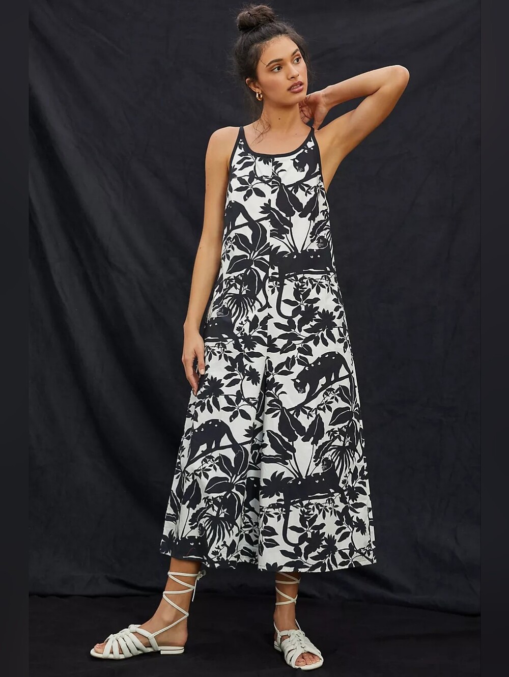 Anthropologie Maeve White & Black Jungle Novelty Print Spaghetti Strap Jumpsuit
